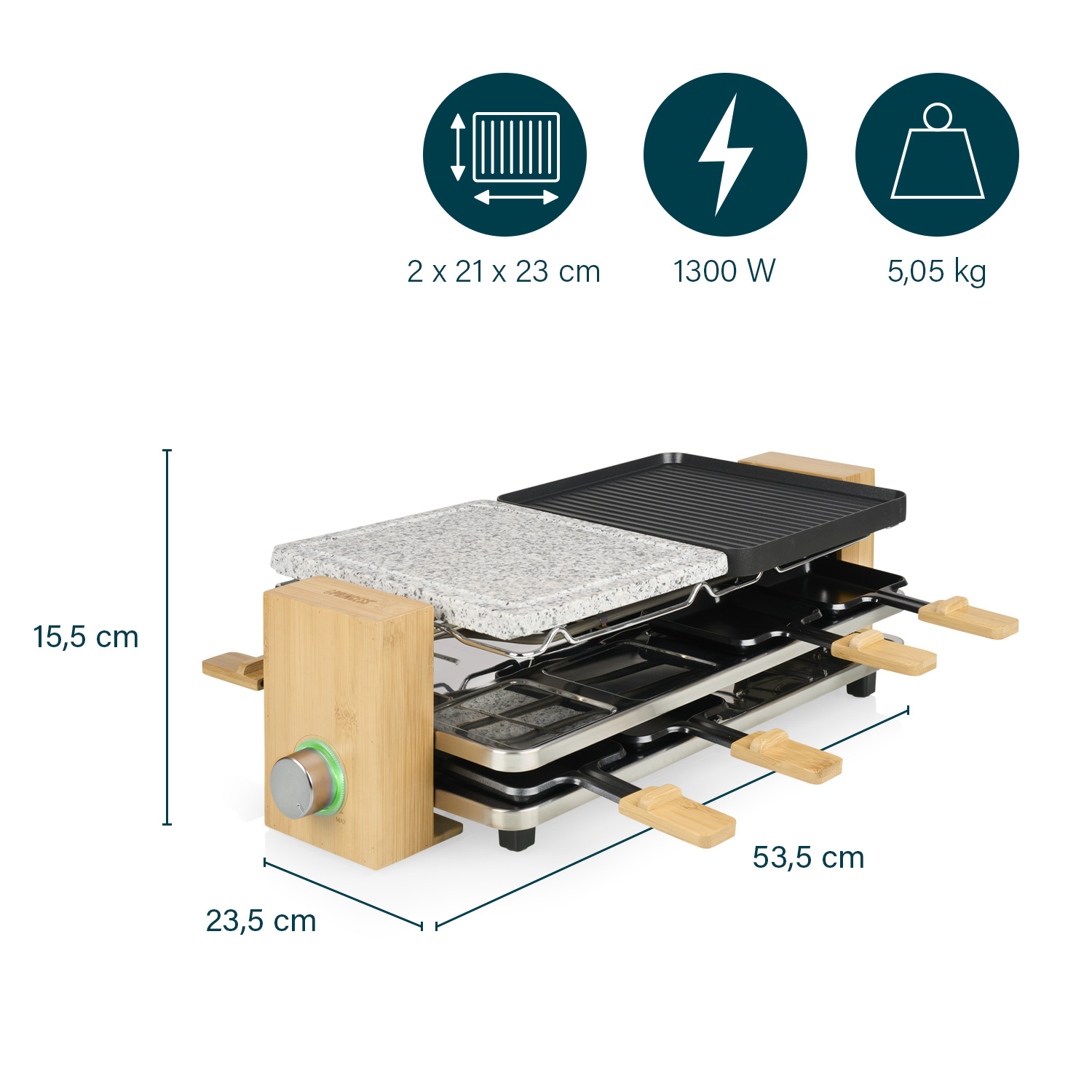 Raclette grill met afmetingen weergegeven. Inclusief stenen grill, bakplaat en kaasplaten.