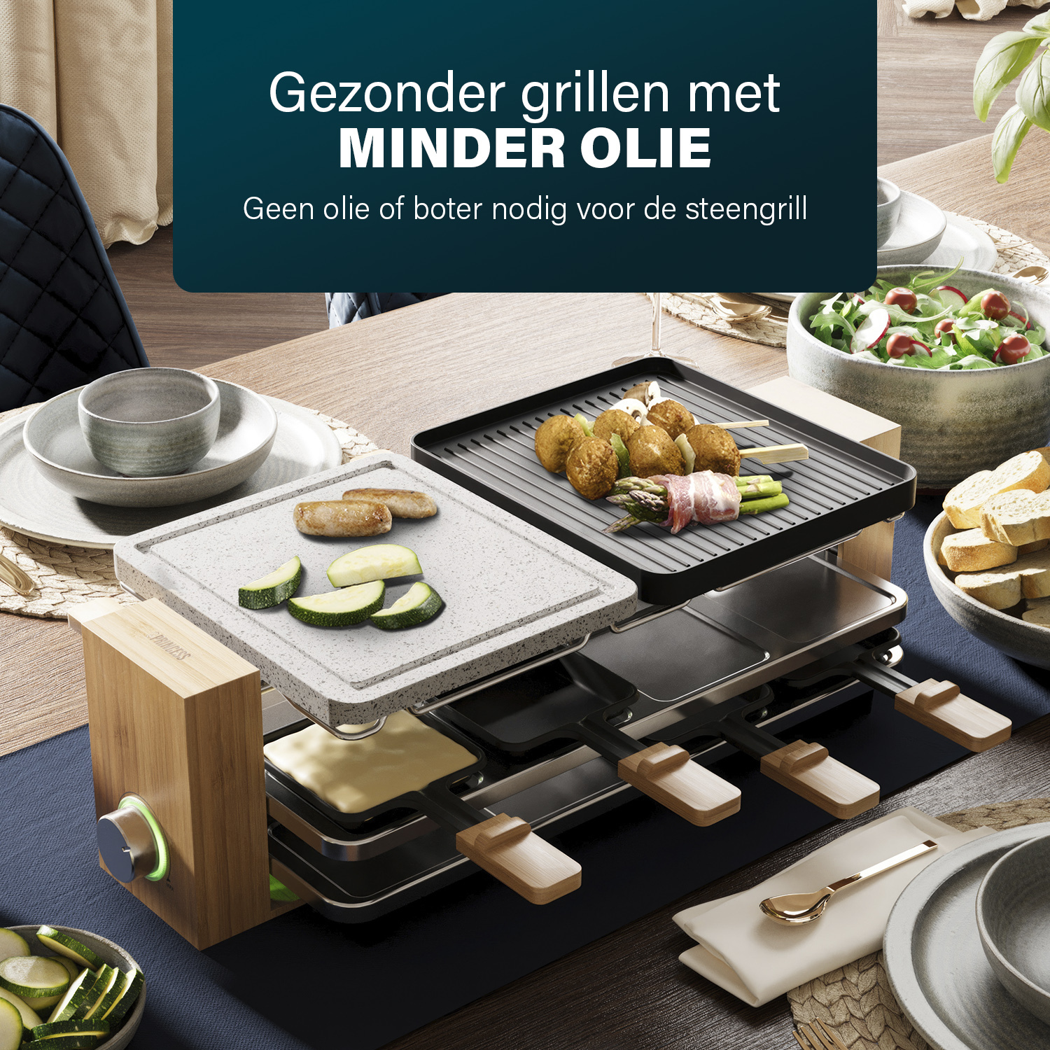 Eten op een grill met groenten, tekst over gezond grillen.