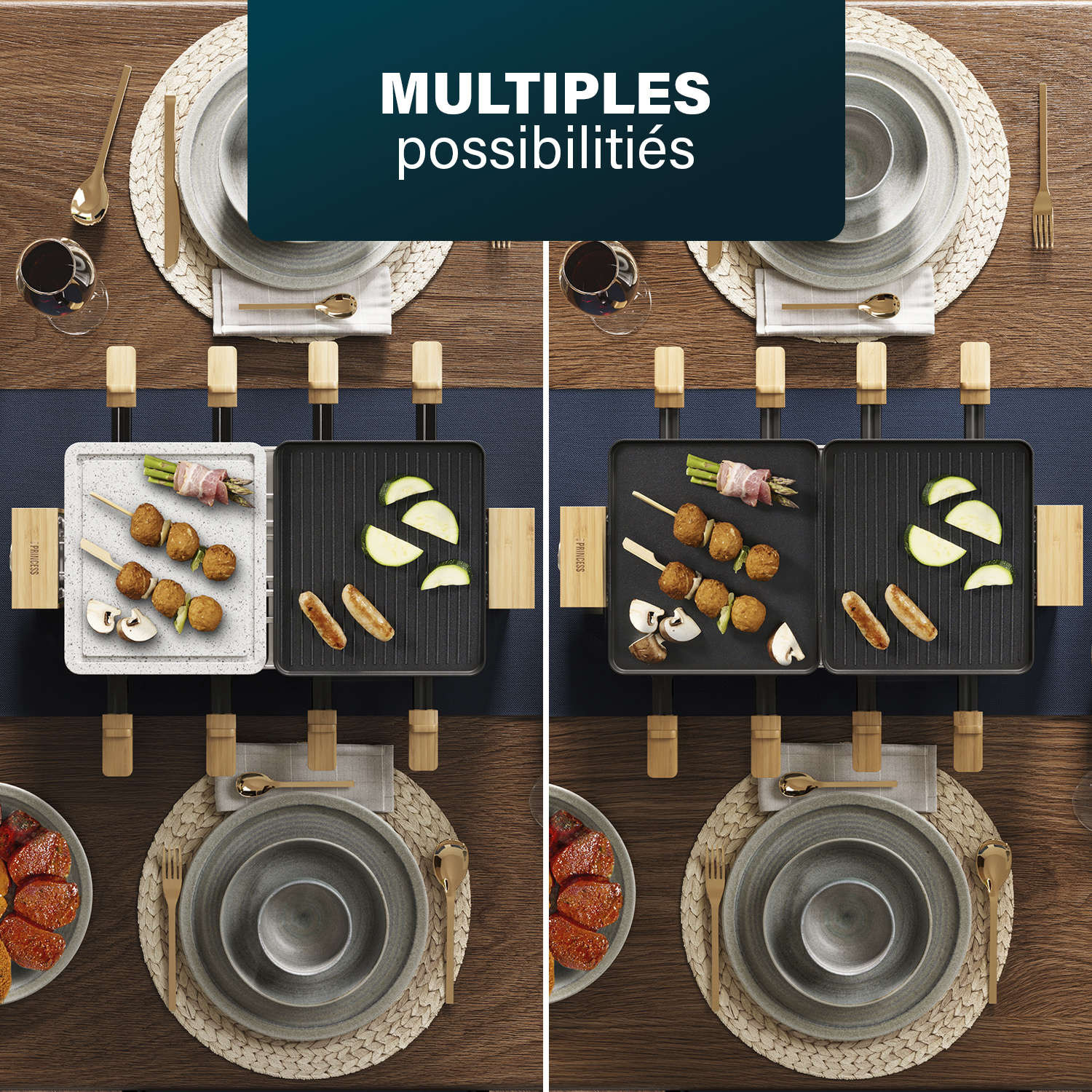 Deux grills à raclette avec divers aliments sur une table en bois.