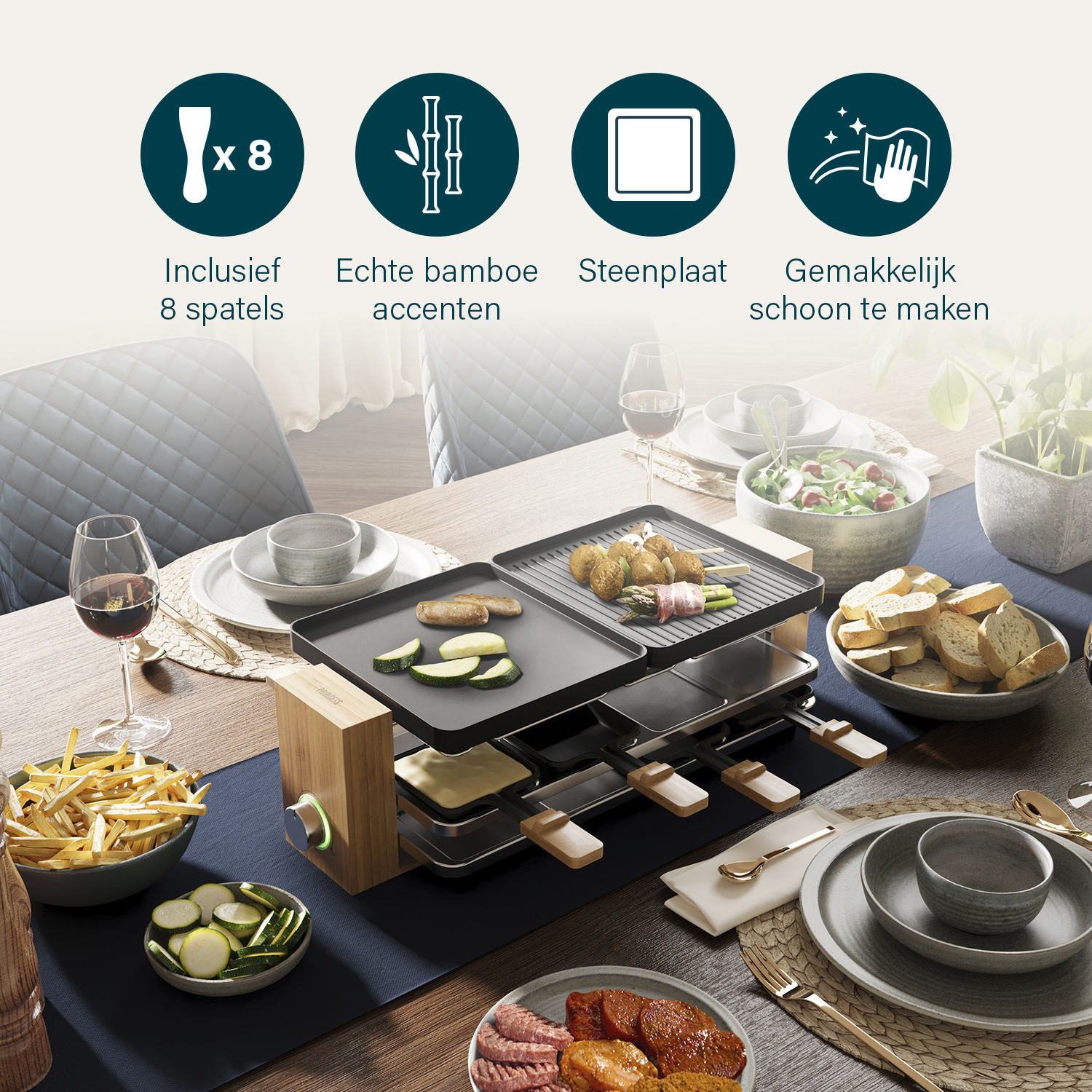 Een raclettegrill op een houten tafel met eten, borden en glazen.