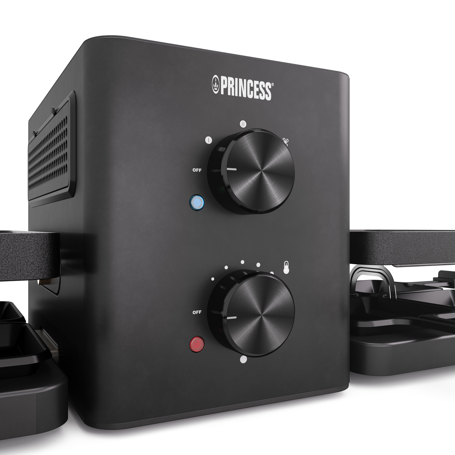 A black appliance with two knobs, a blue light, and a red light. The brand 'PRINCESS' is visible.