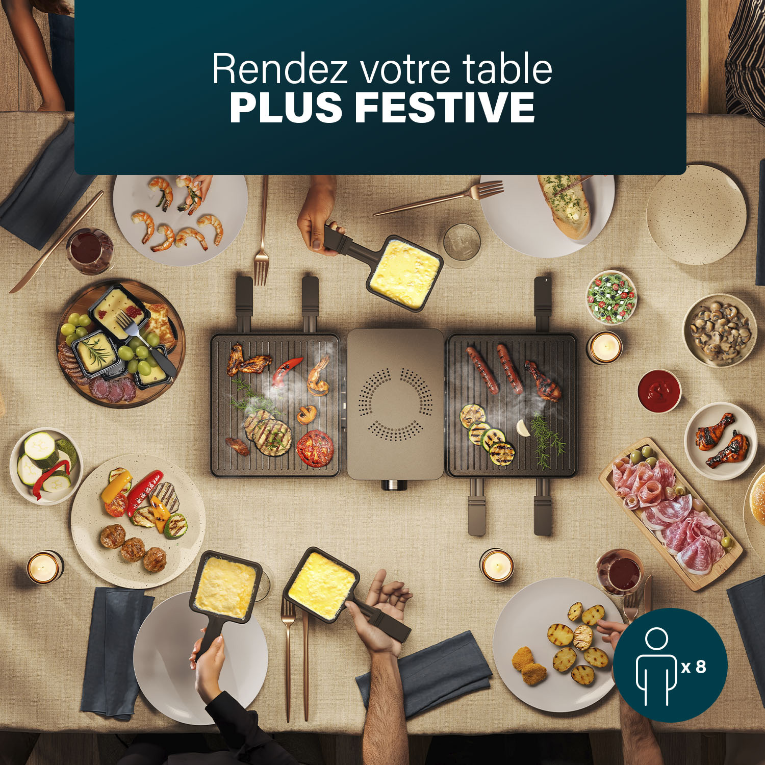 Des personnes autour d'une table avec de la raclette, un grill et de la nourriture.