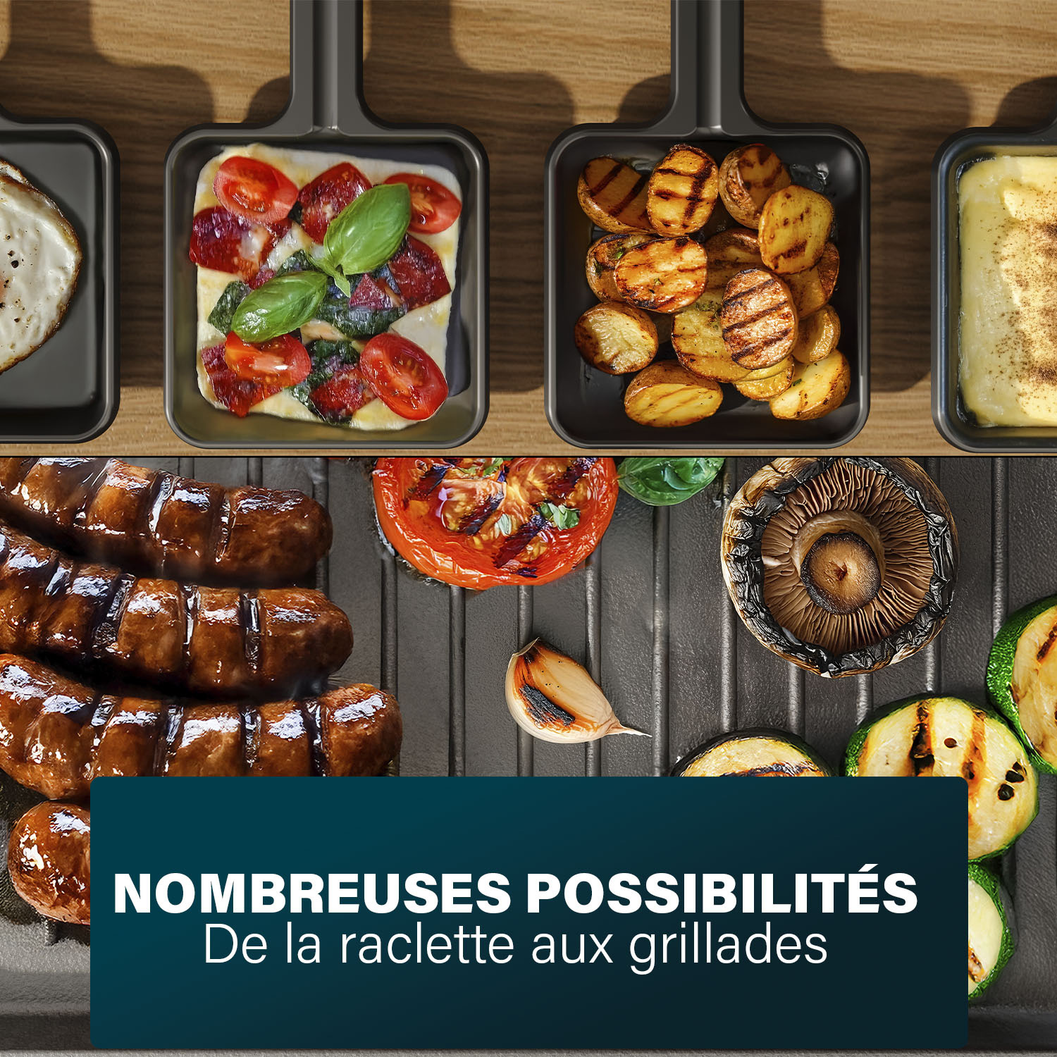 Nourriture sur poêles à griller : tomates, pommes de terre, saucisses et légumes.