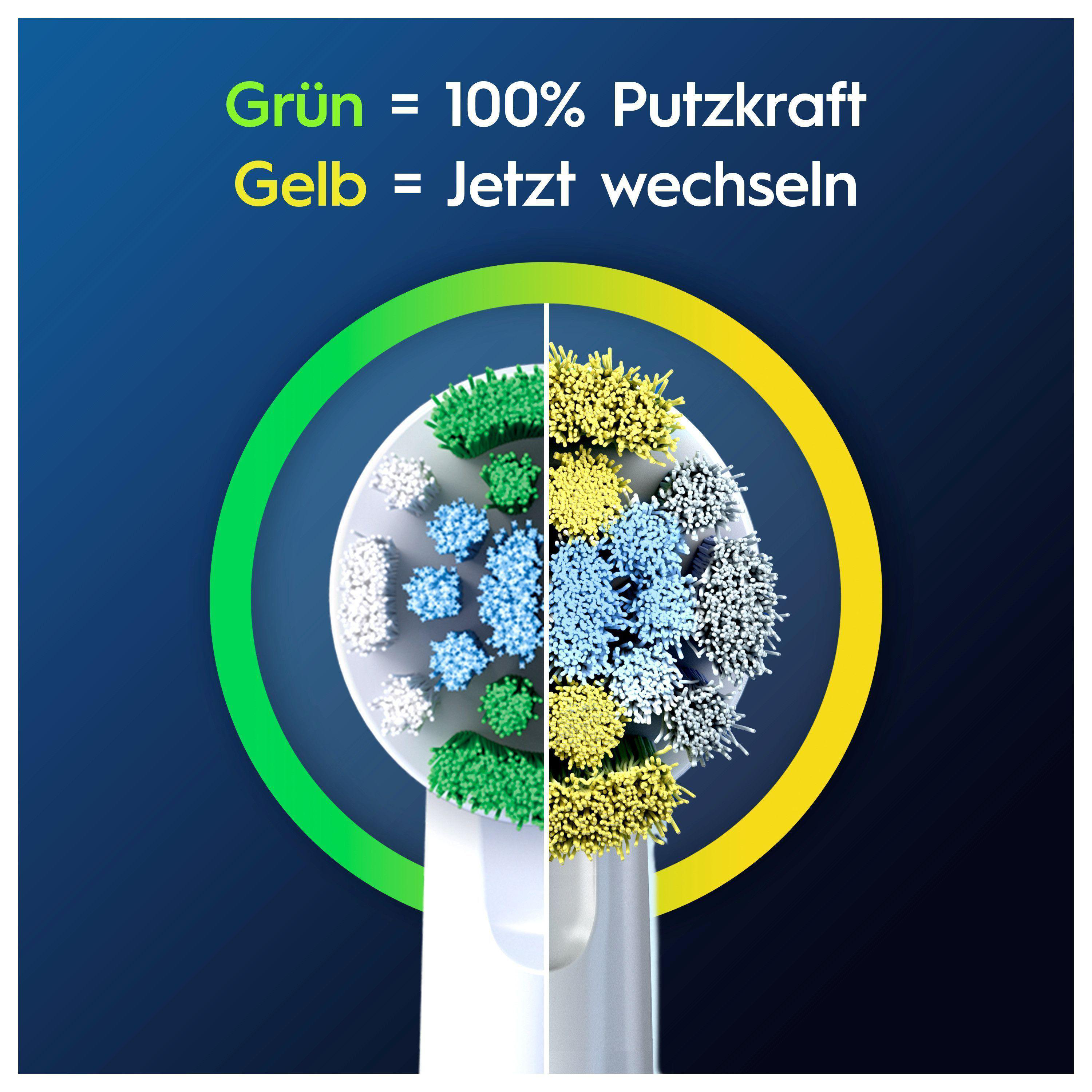 Nahaufnahme eines elektrischen Zahnbürstenkopfes, halb grün, halb gelb, mit Text.