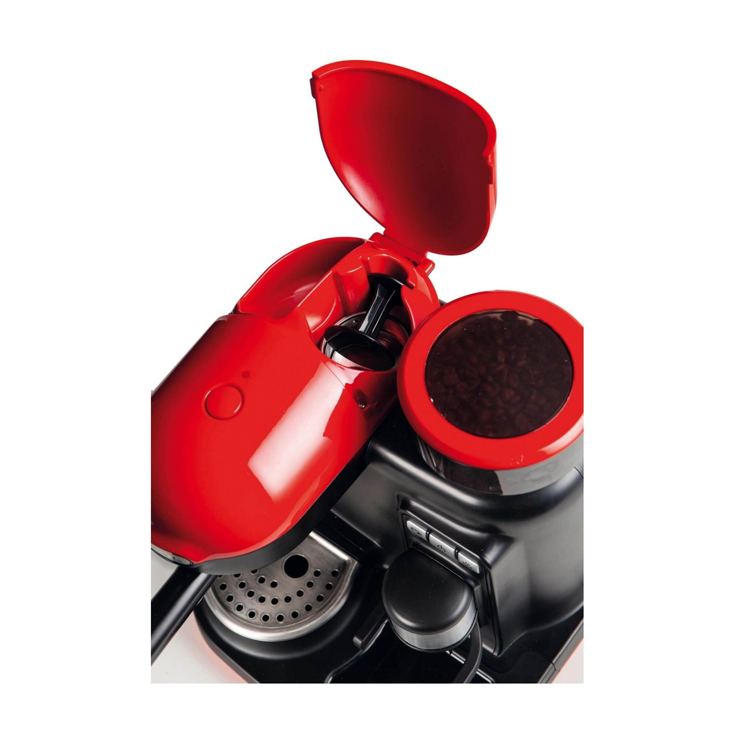 Macchina da caffè rossa e nera. La parte superiore è aperta, mostrando il vano dei chicchi di caffè.