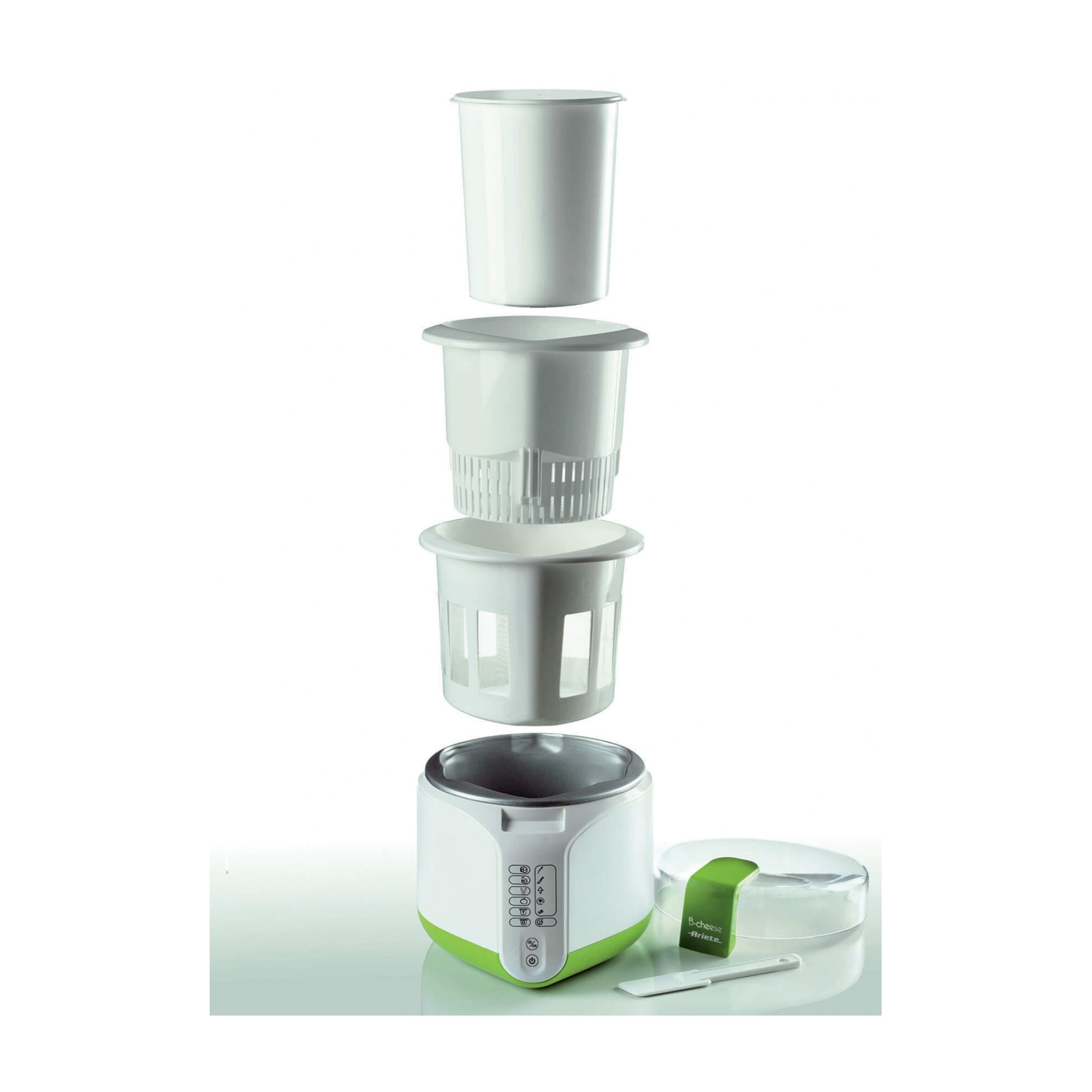 Parti di una yogurtiera, smontata, colori bianco e verde.