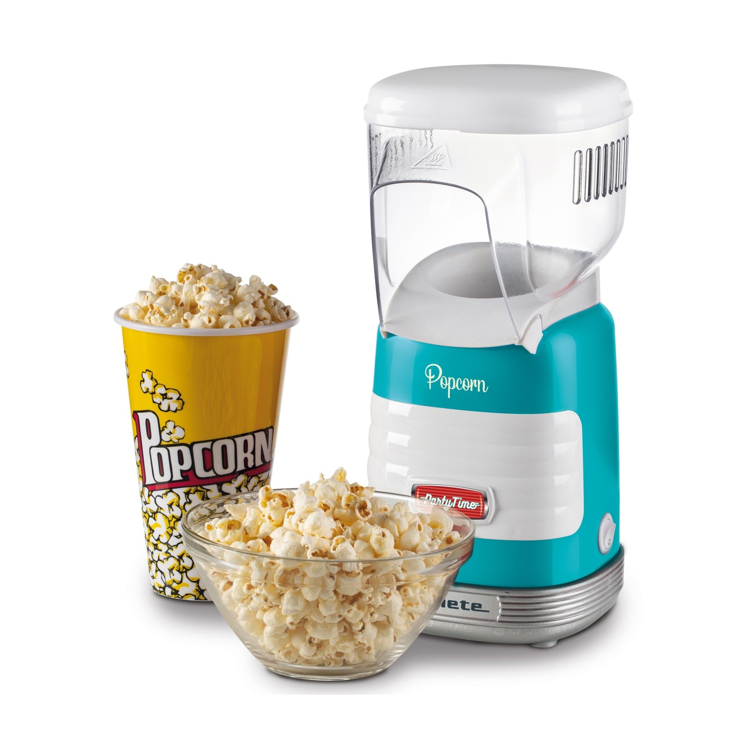 Macchina per popcorn con una tazza e una ciotola di popcorn, una macchina e una tazza di popcorn.
