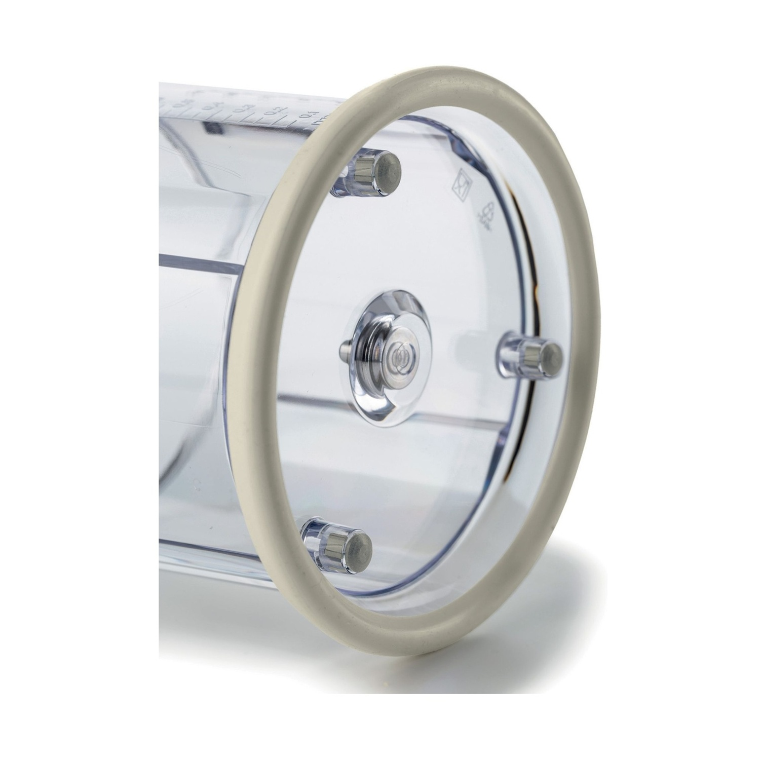 Un cilindro di plastica trasparente con un anello di gomma bianco attorno alla parte superiore.