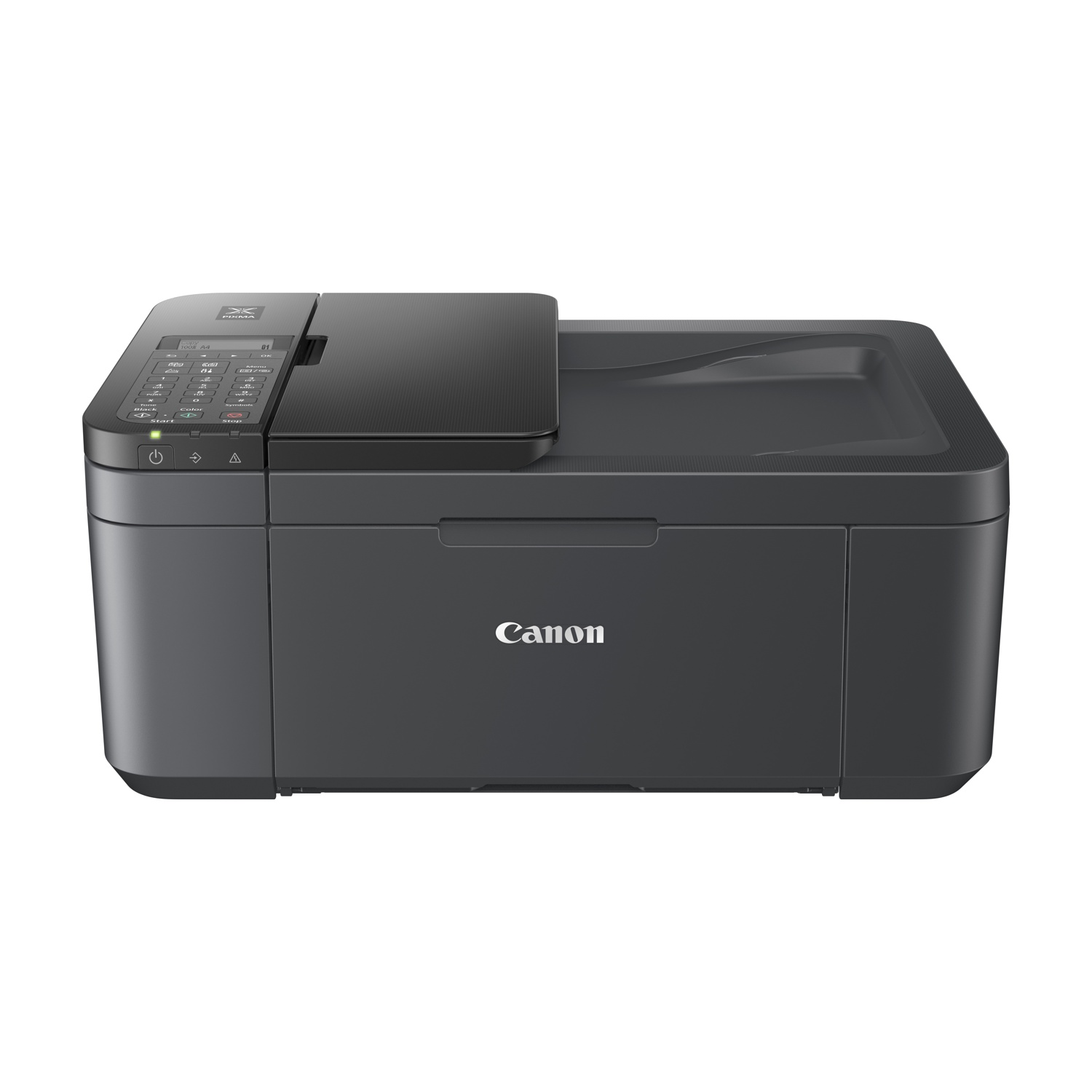 Stampante Canon nera, rivolta verso la fotocamera. Ha uno scanner piano e un pannello di controllo.
