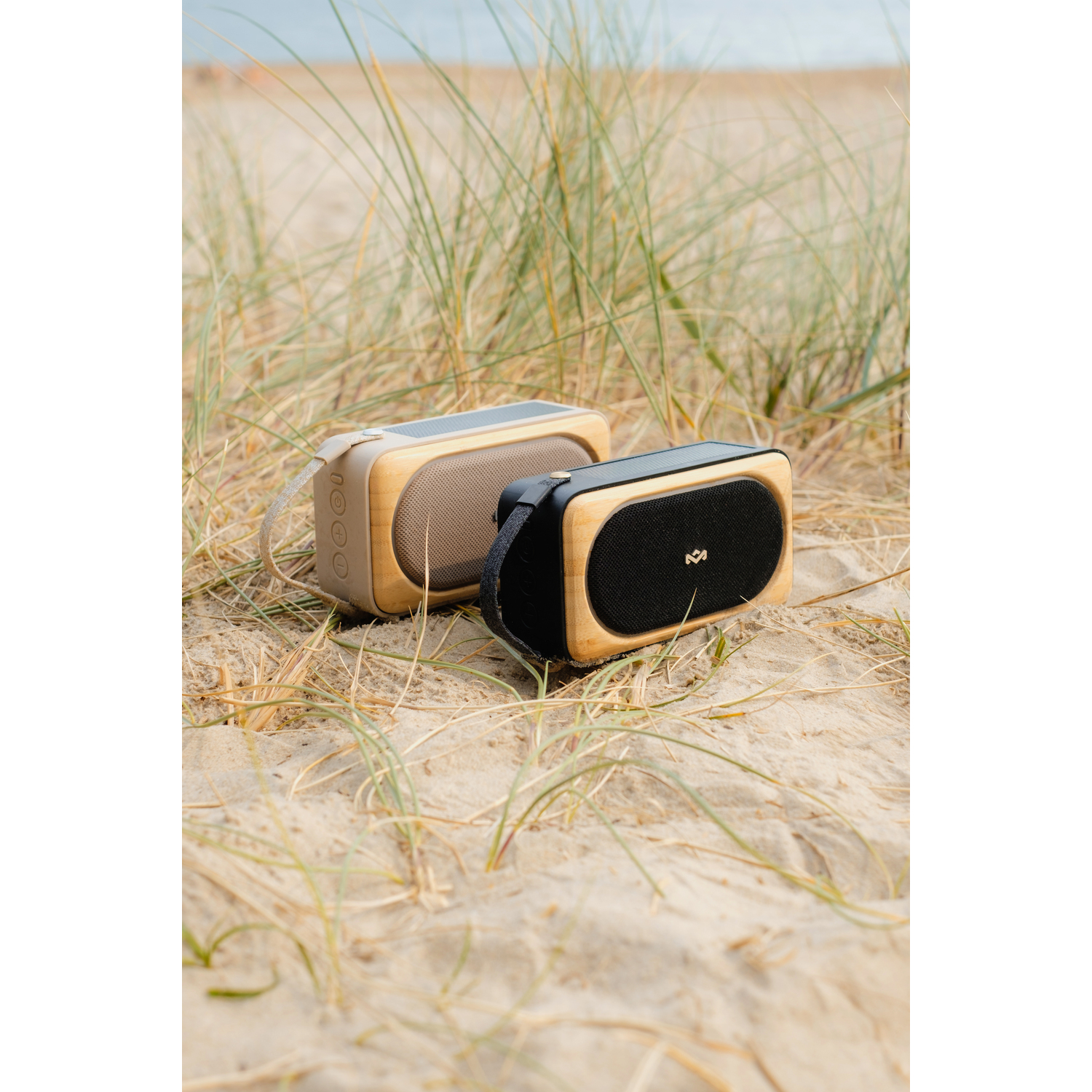 Twee luidsprekers op zand met hoog gras. De achtergrond is wazig en natuurlijk.