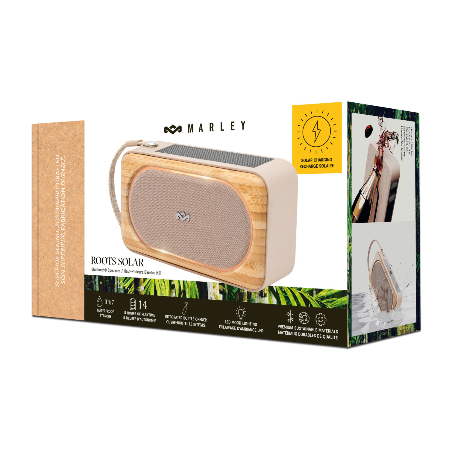 Marley Roots Solar speakerbox met speaker, tekst en iconen op een witte achtergrond.
