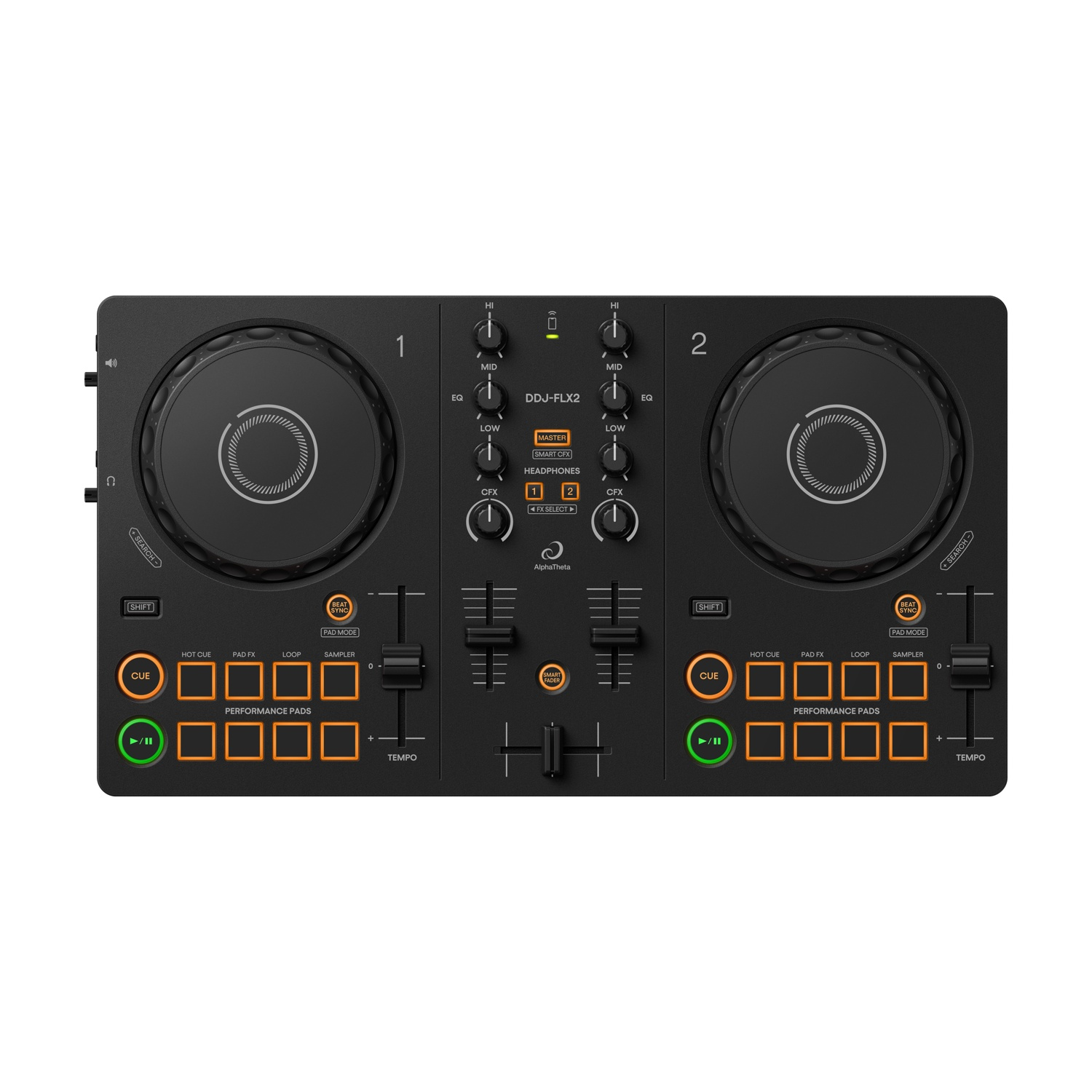 Un controller DJ con due jog wheel e performance pad.