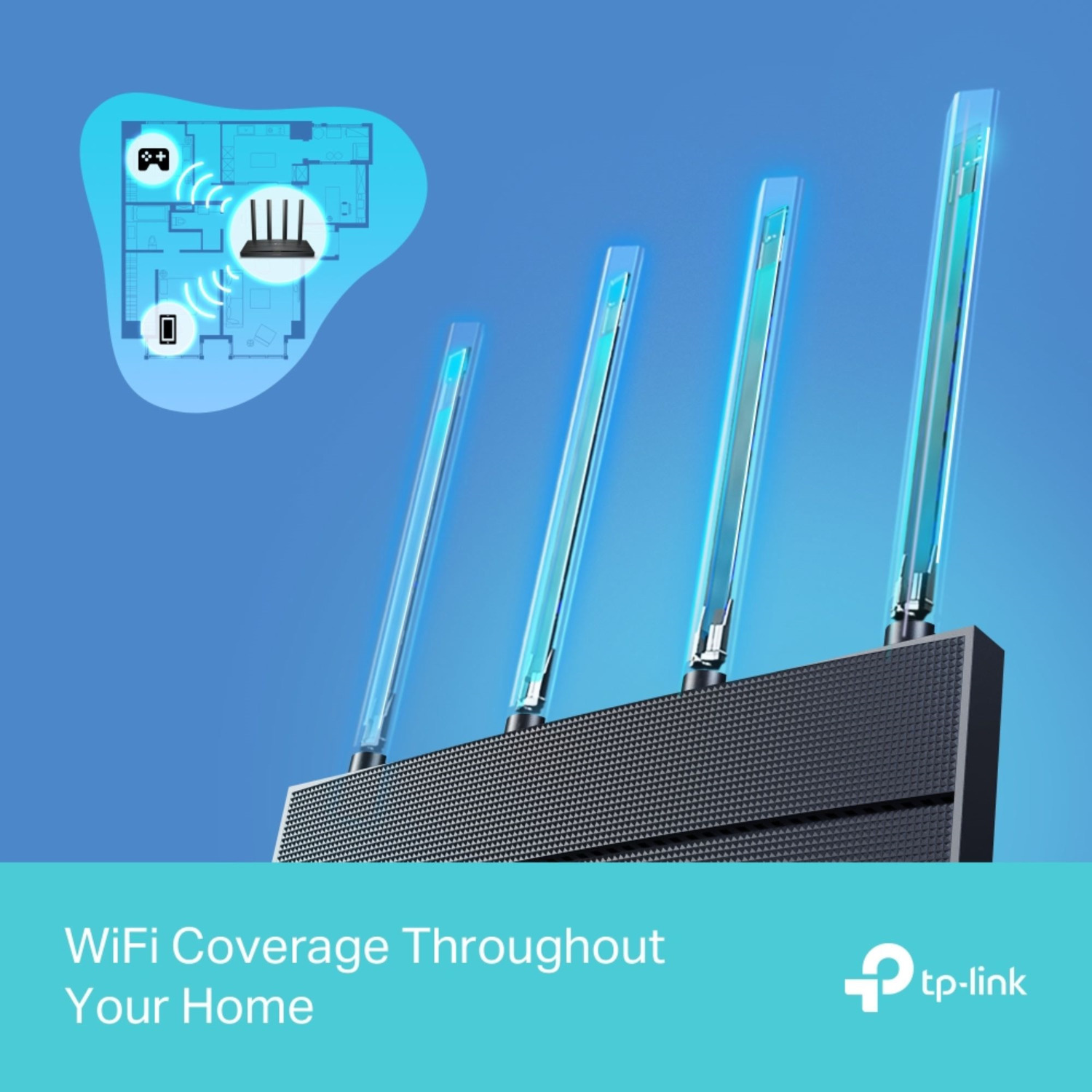 A black WiFi router with four glowing antennas, with a diagram in the background.