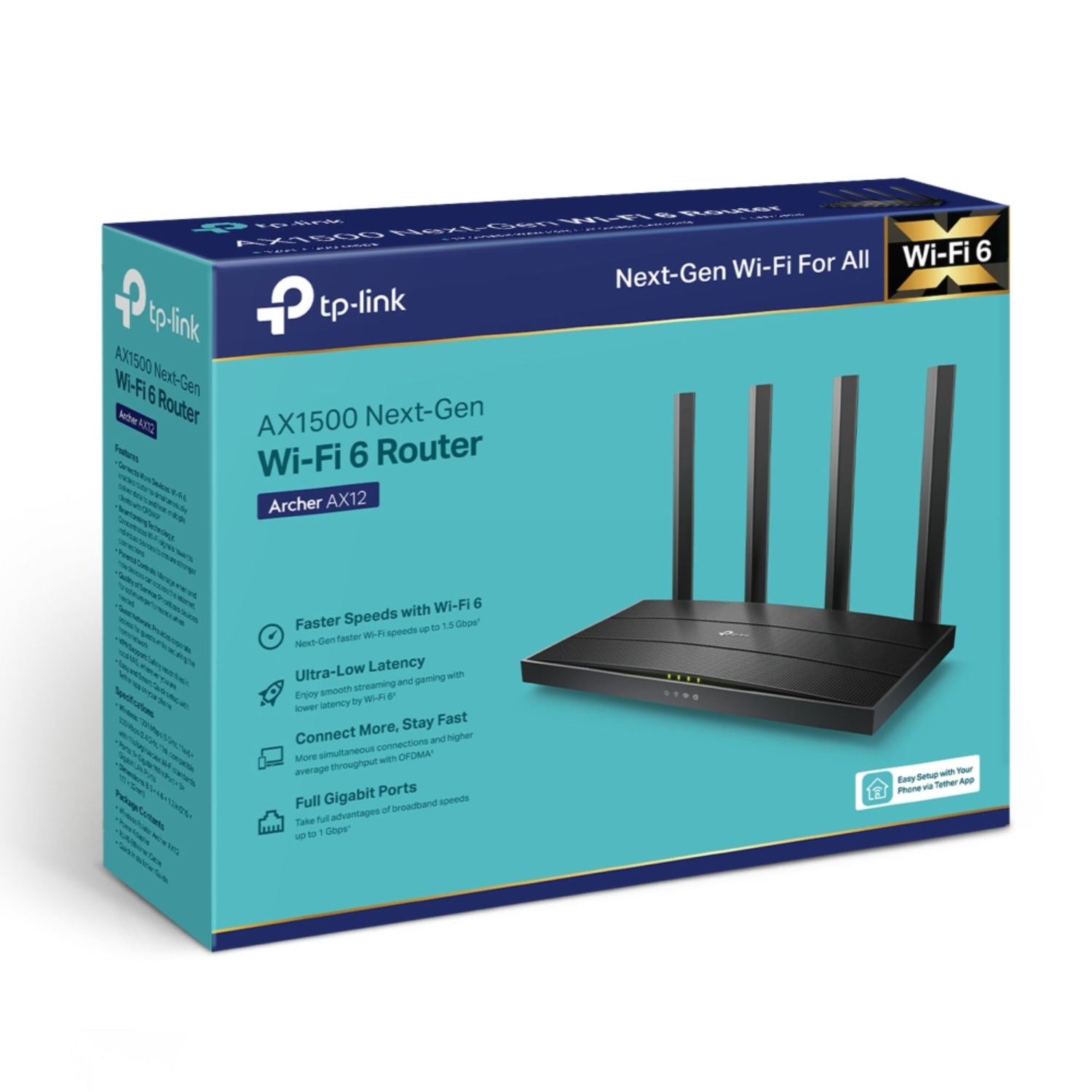 A Wi-Fi router box with a router inside, with a white background.