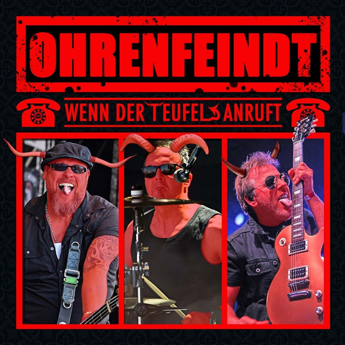 Albumcover mit drei Männern, jeder mit Hörnern, in einer Rockband-Umgebung. Der Bandname 'OHRENFEINDT' steht oben.