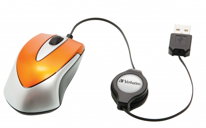 Pomarańczowo-srebrna mysz komputerowa z chowanym czarnym kablem i złączem USB.