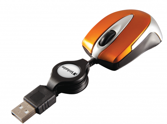 Pomarańczowa i srebrna mysz Verbatim z wtyczką USB.