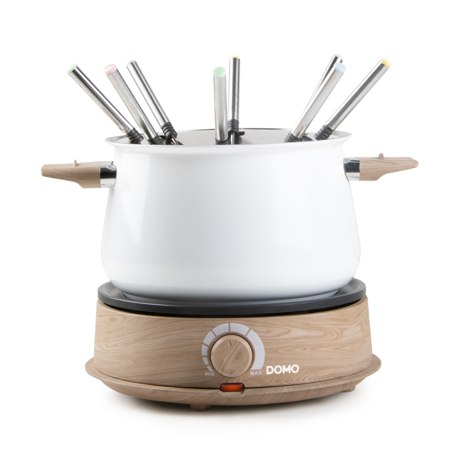 A white fondue pot on a wooden base with fondue forks around it.