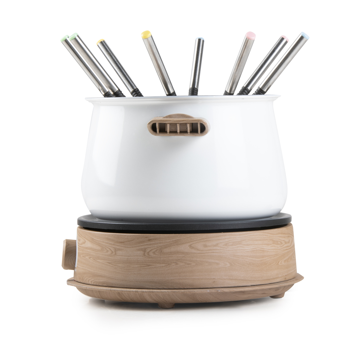 A white fondue pot with colorful forks. The fondue pot is on a wooden base.