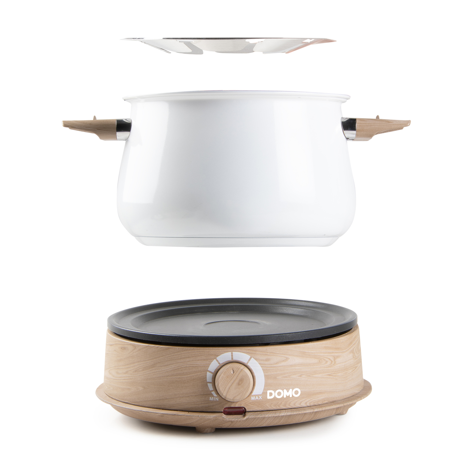 White pot with wooden handles, lid, and cooking base.