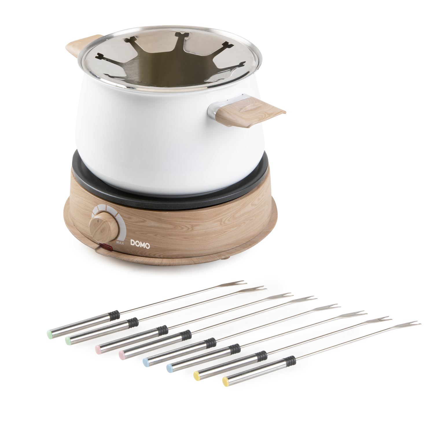 A white fondue set with forks on a white surface.
