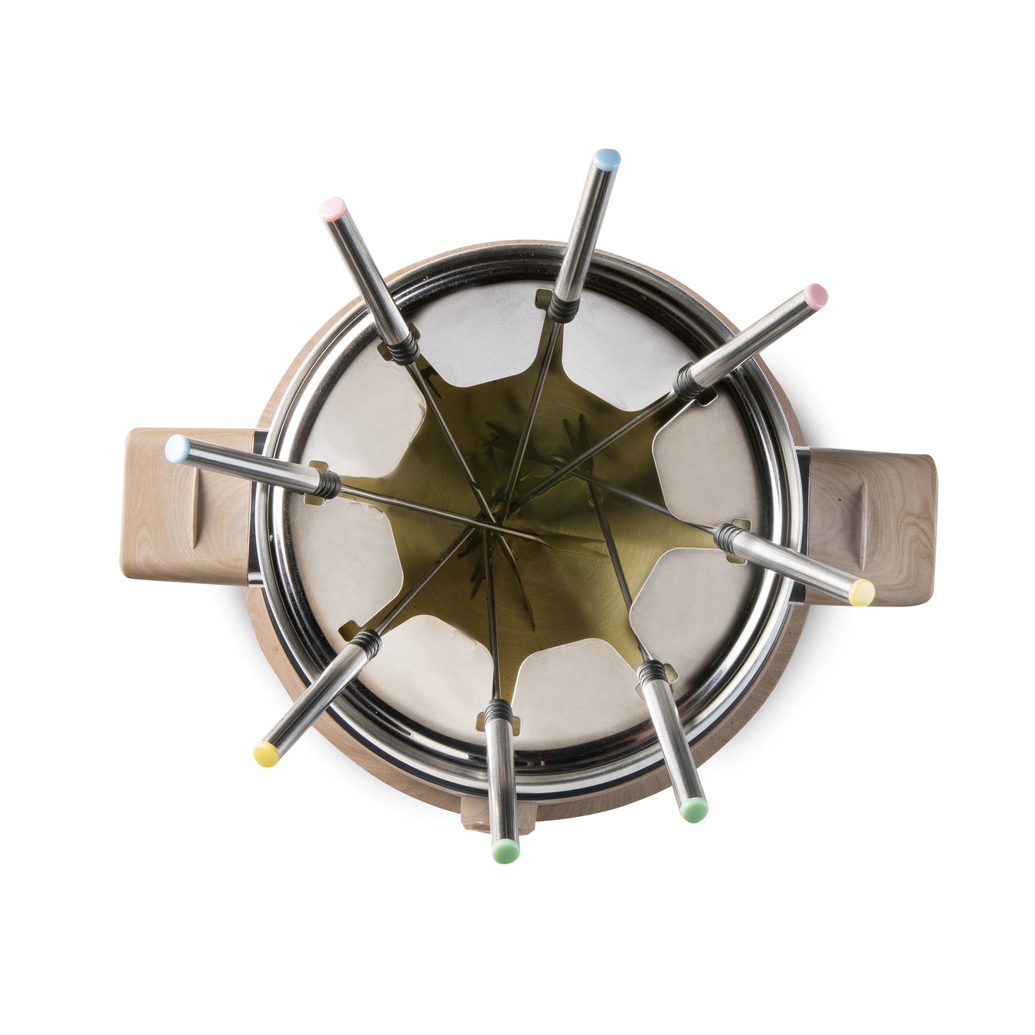 A fondue set with multiple forks and a central pot on a white surface.
