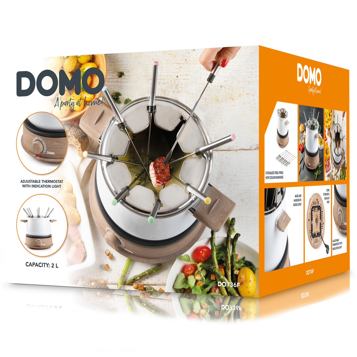 DOMO fondue set box, with a fondue set and images on a white background.