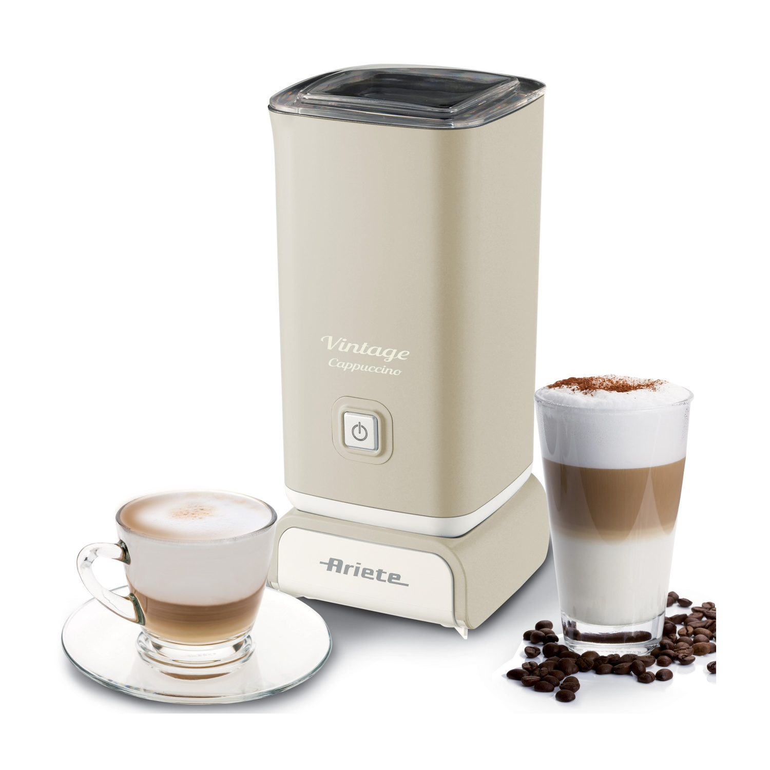 Una macchina per cappuccino beige con due tazze di cappuccino e chicchi di caffè.