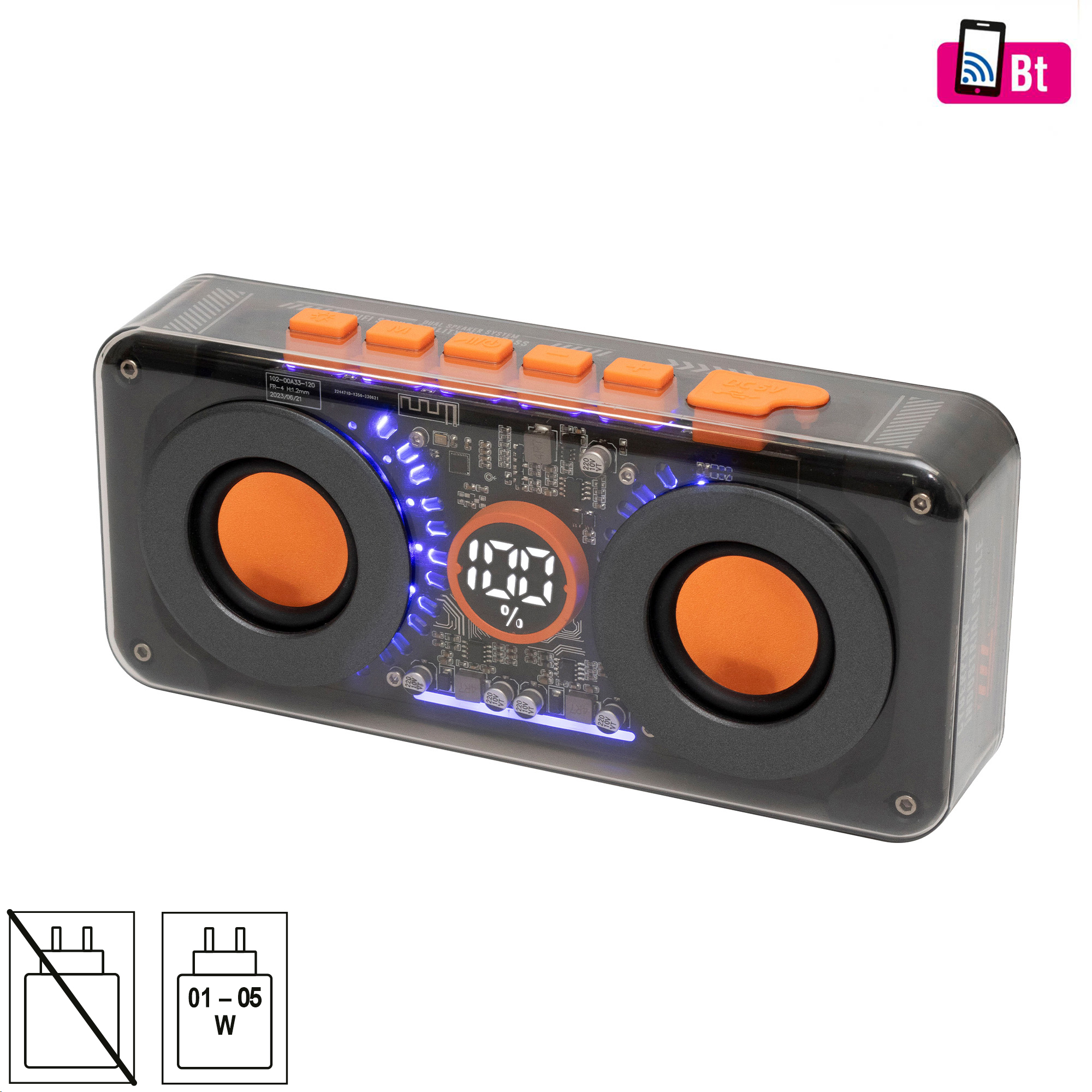 Fekete és átlátszó hangszóró narancssárga díszítéssel. Bluetooth ikon a jobb felső sarokban.