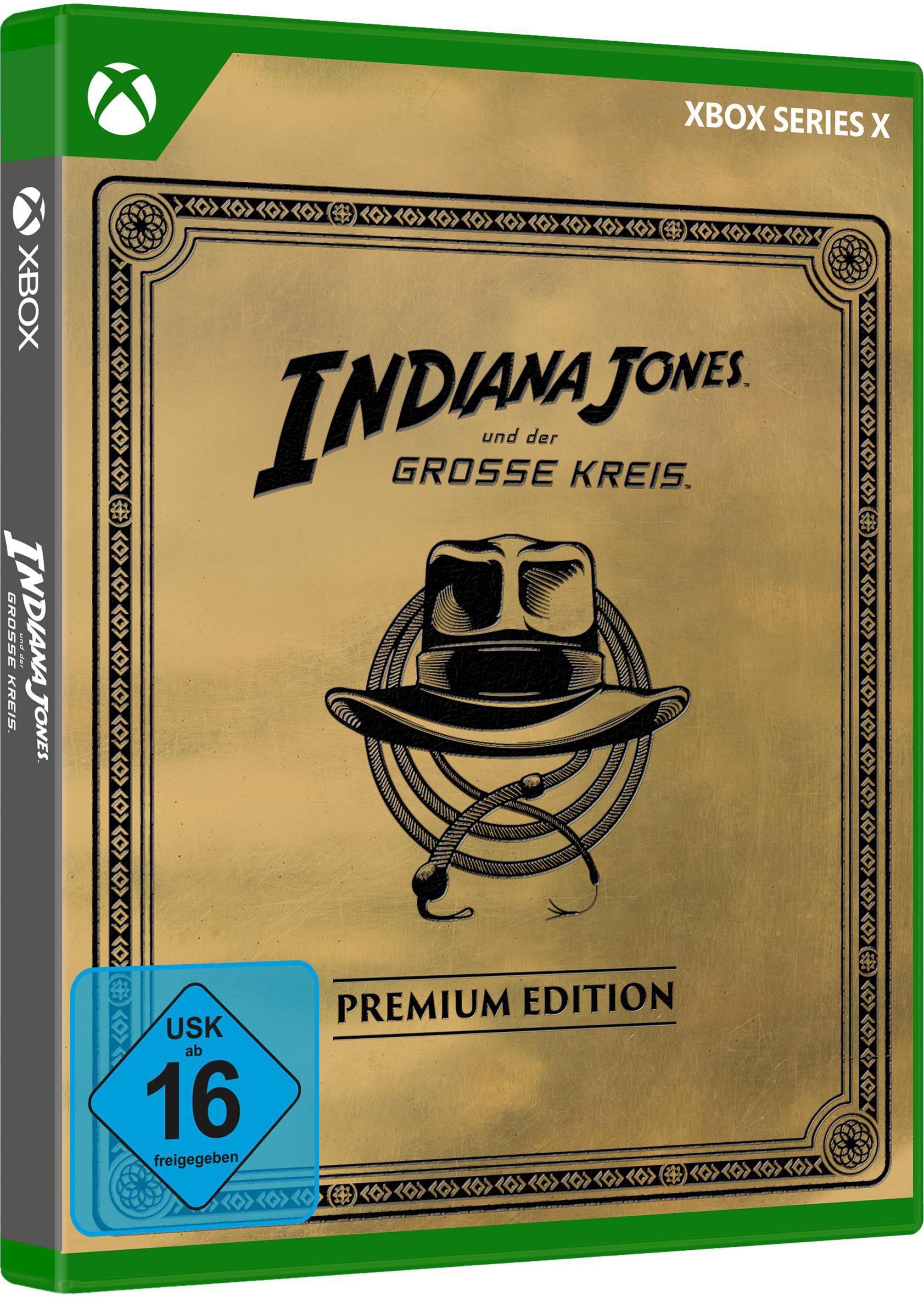 Spielhülle: goldener Hintergrund, Indiana Jones Hut, Titel. Xbox Series X Logo. USK 16 Bewertung.