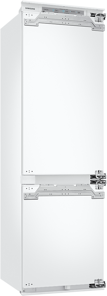 Ein weißer Kühlschrank mit zwei Fächern, Samsung-Logo oben, auf weißem Hintergrund.