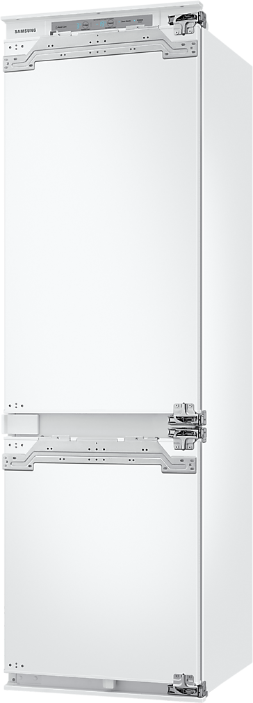 Weißer Samsung Kühlschrank, zwei Türen, vertikal, auf weißem Hintergrund.