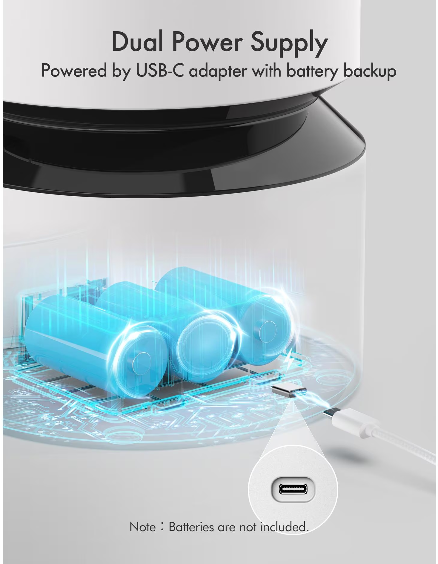 Ein weißes Gerät zeigt interne Komponenten, darunter blaue Batterien und einen USB-C-Anschluss.