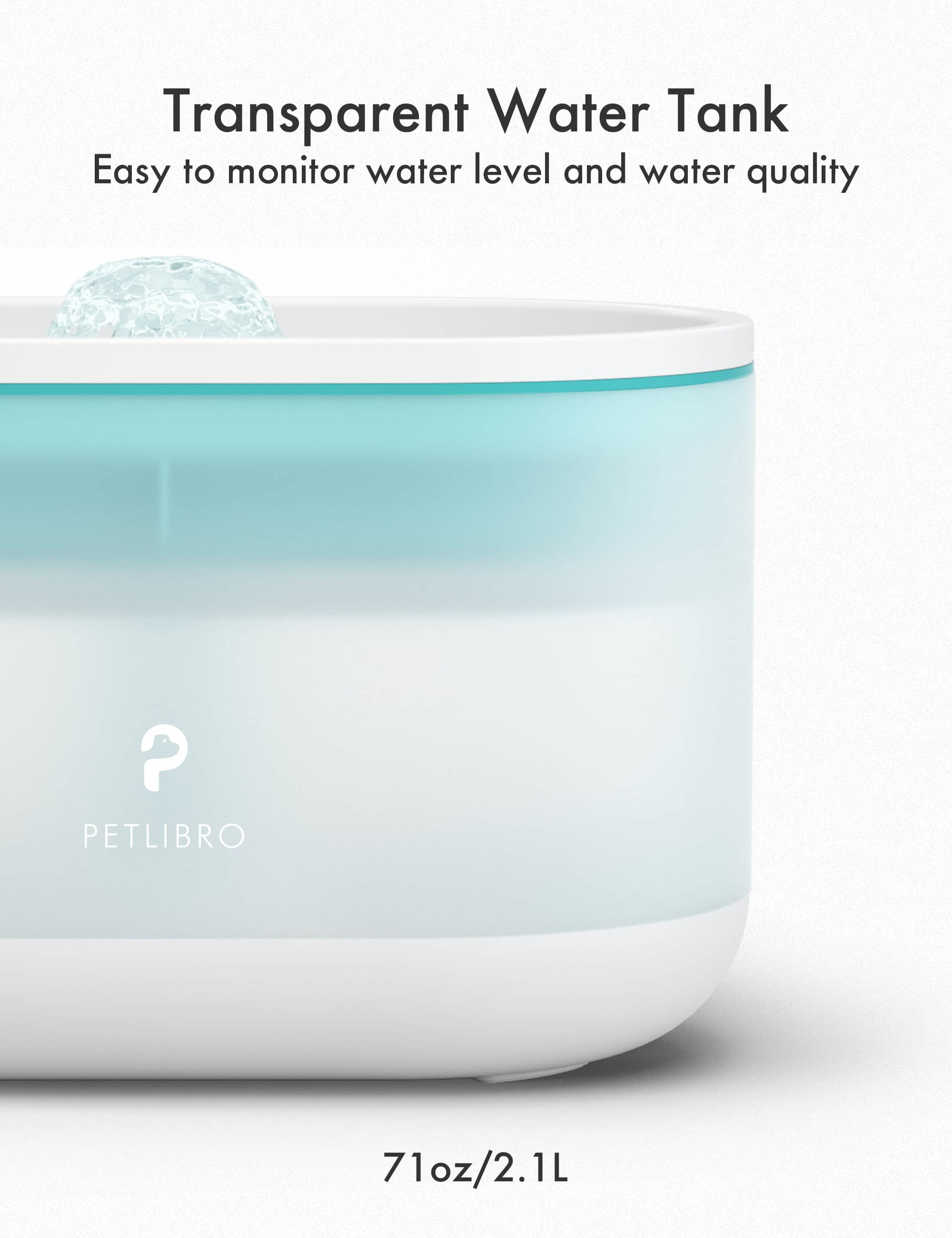 Un serbatoio d'acqua con una sezione superiore trasparente e una base bianca, il testo dice 'PETLIBRO'.