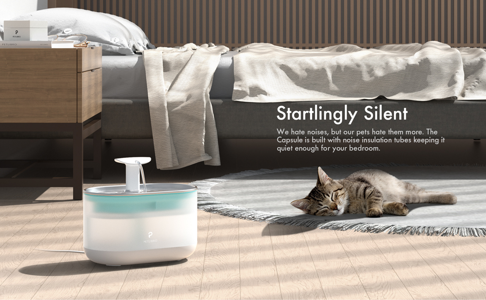 Un gatto sdraiato su un tappeto vicino a una fontana in una camera da letto. Il testo dice 'Startlingly Silent'.