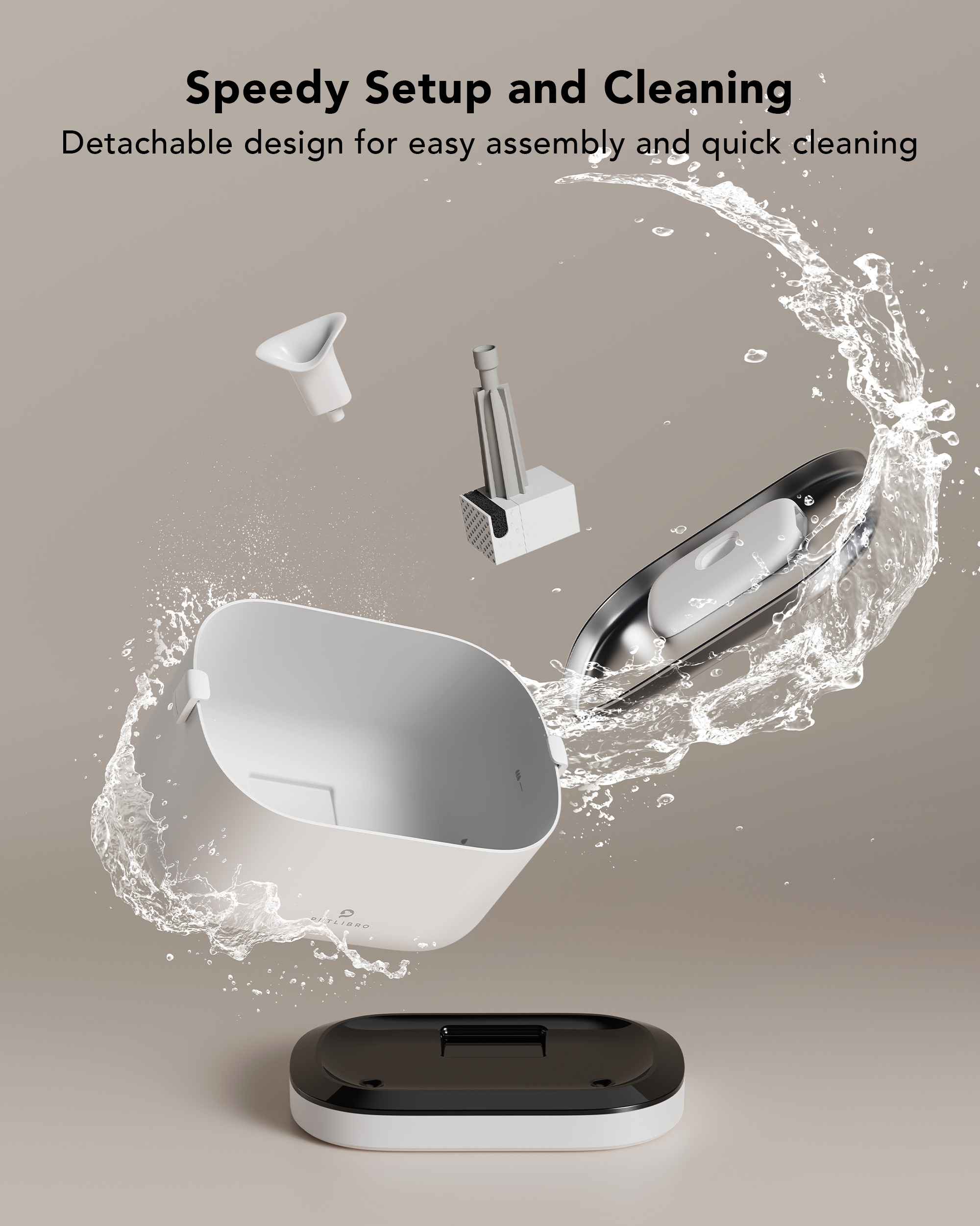 Parti di un dispositivo separate, con spruzzi d'acqua. Bianco, nero e argento.