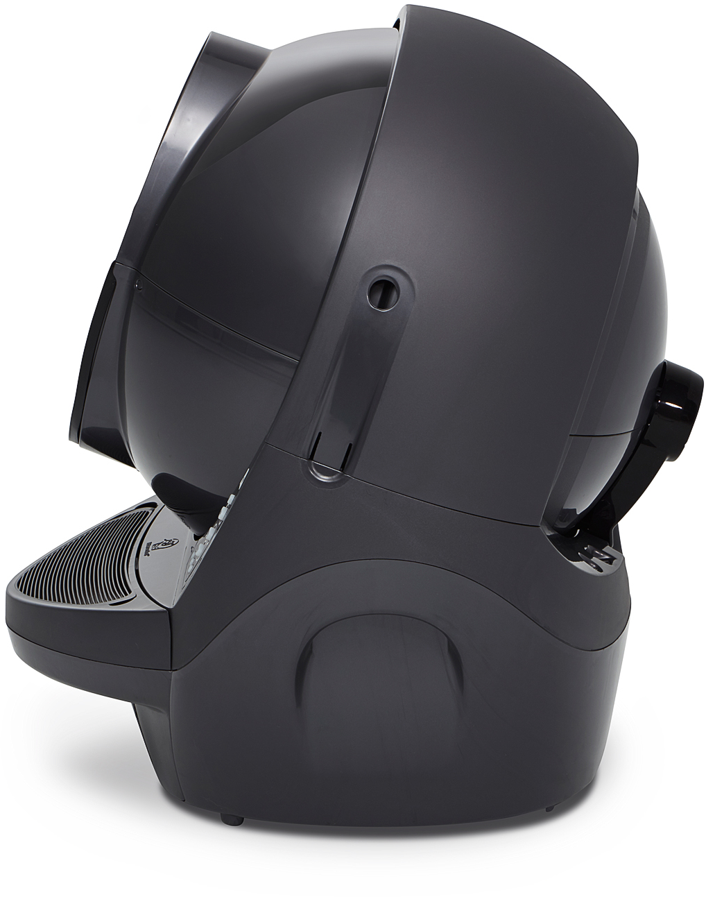 Una vista angolata del Litter-Robot autopulente grigio scuro.