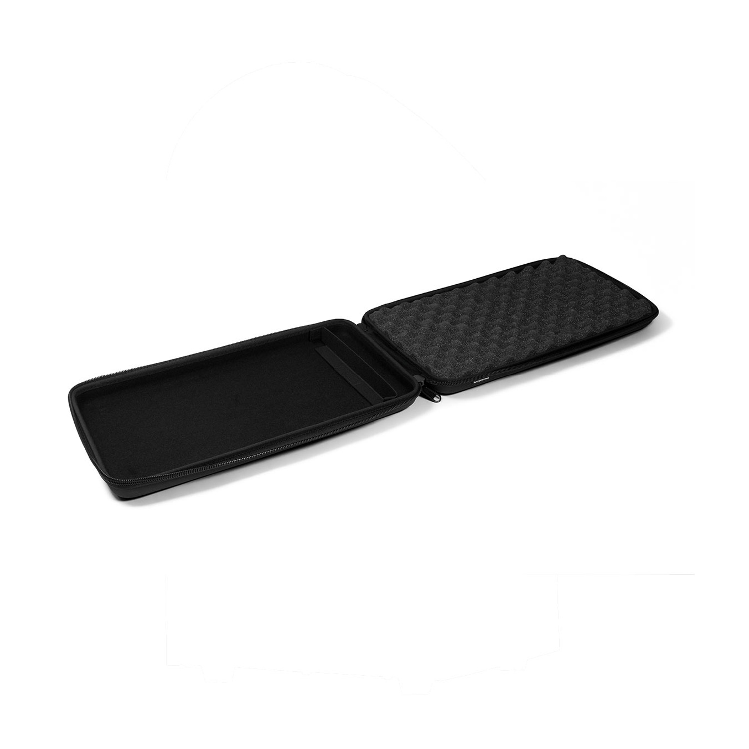 Schwarzes Etui mit Reißverschluss, geöffnet, um Schaumstoffpolsterung zu zeigen.