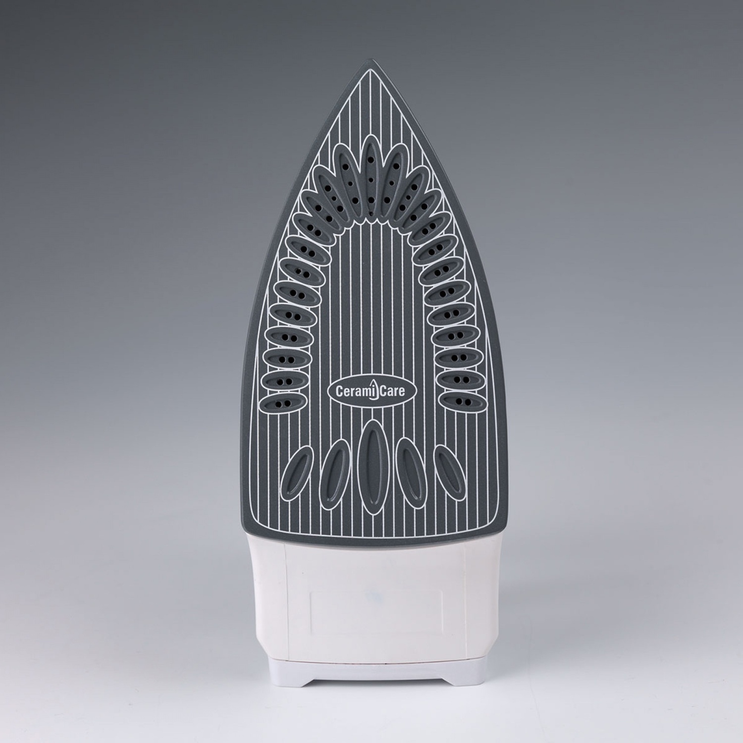 Una base per ferro da stiro grigia con un logo Ceramic Care e linee bianche.