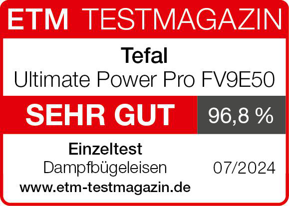 Testergebnis des Tefal Ultimate Power Pro Bügeleisens. Note ist 96,8%.