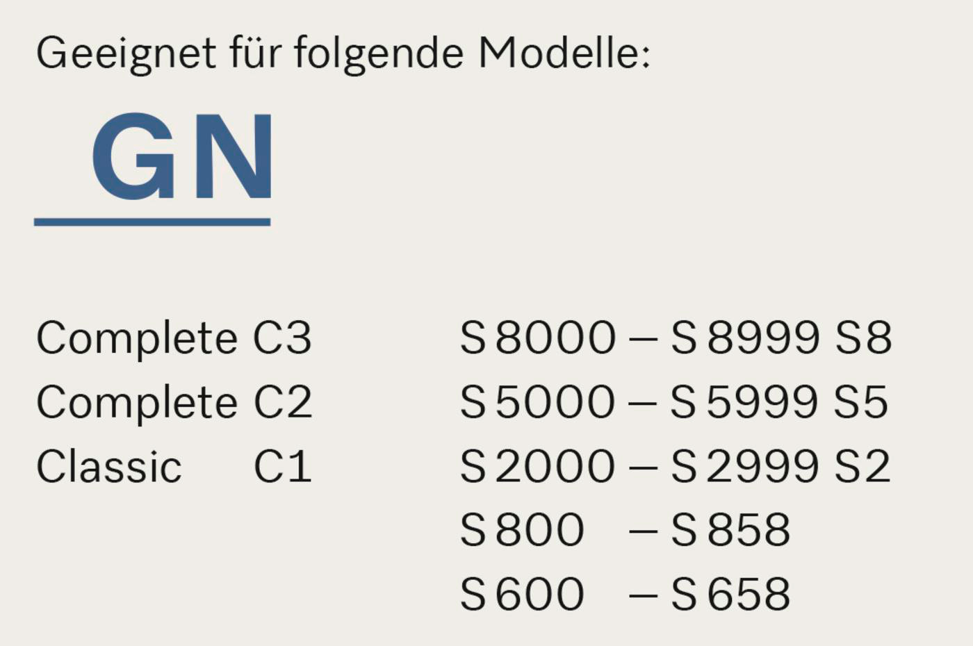 Text, der die Kompatibilität für die Modelle Complete C3, C2 und Classic C1 angibt.
