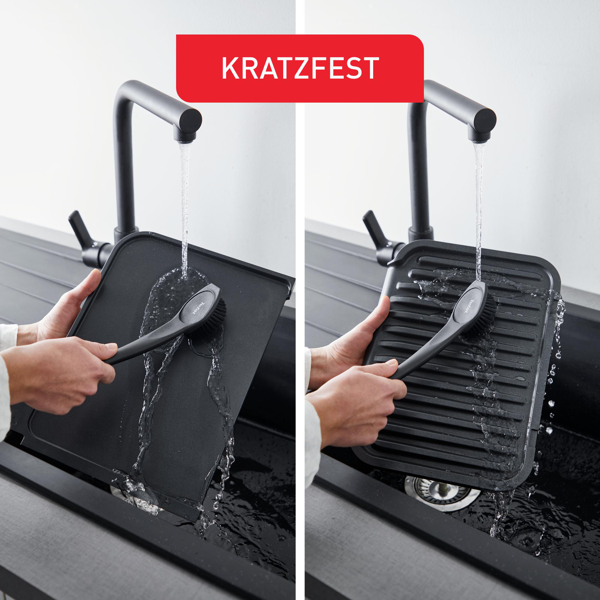 Hände waschen eine schwarze Grillpfanne unter fließendem Wasser.