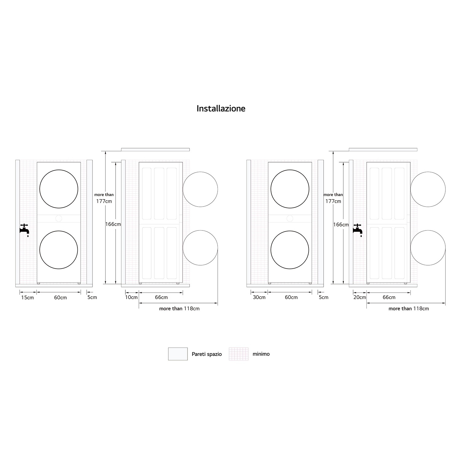 Diagramma di due bagni, che mostra dimensioni e dettagli di installazione.