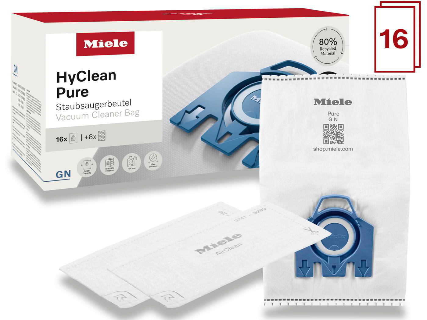 Eine Schachtel Miele HyClean Pure Staubsaugerbeutel mit zusätzlichen Beuteln und Details.