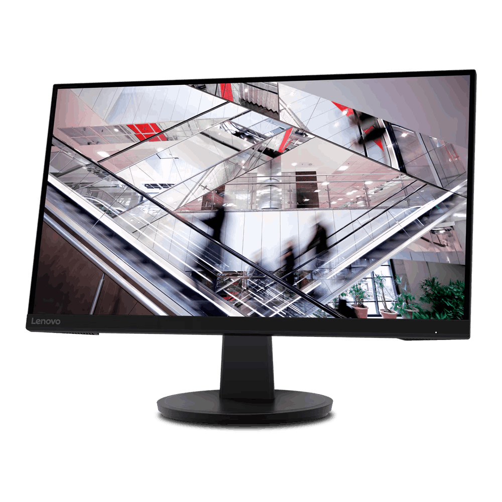 El monitor Lenovo muestra un interior moderno con estructura de vidrio y personas. Base y soporte negros.