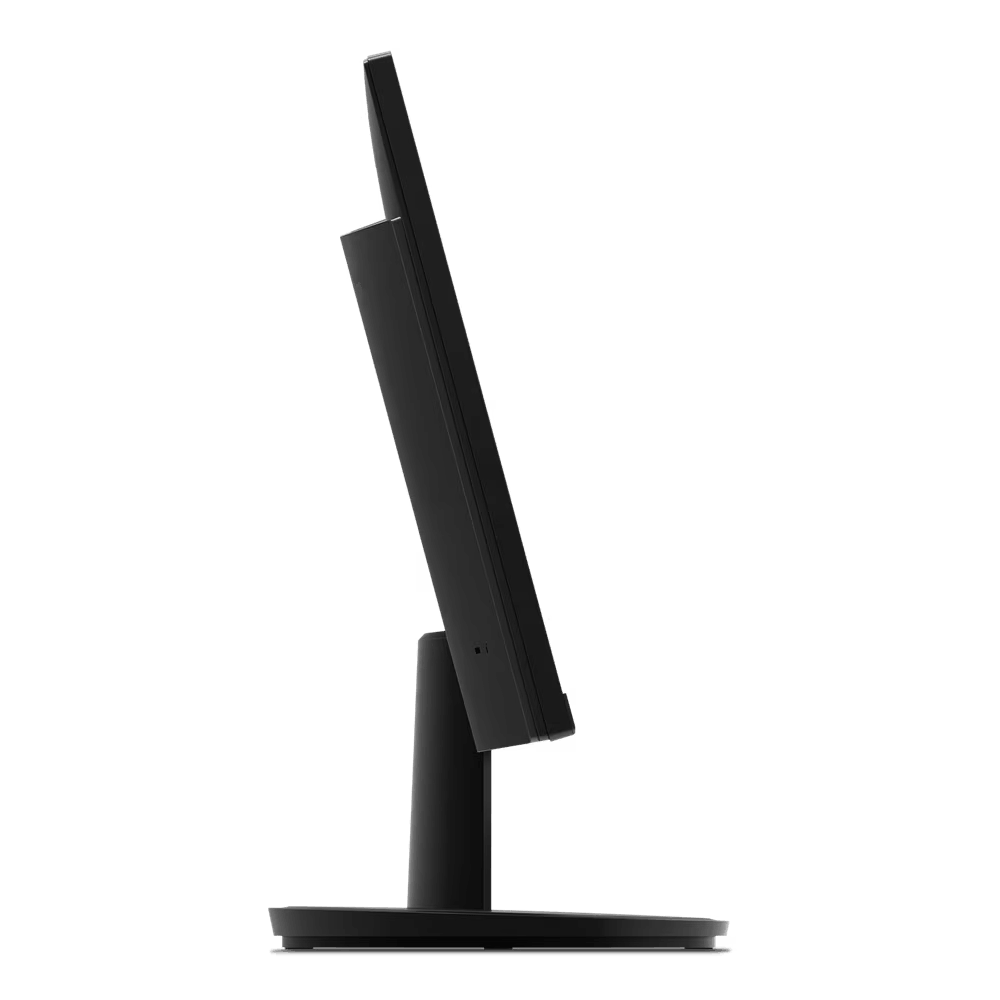 Un monitor de computadora negro de perfil sobre un soporte negro. La pantalla está ligeramente inclinada.