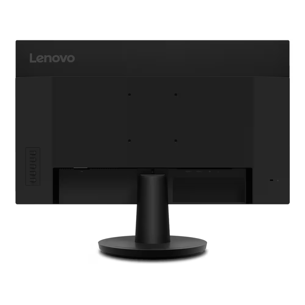 Vista trasera de un monitor Lenovo negro. Tiene puertos, un soporte y un logotipo de Lenovo en la parte superior.
