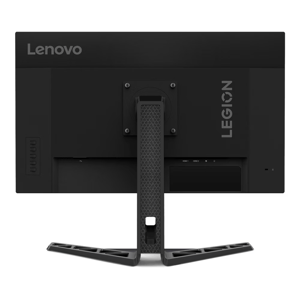 Parte trasera de monitor Lenovo negro. Logotipo Legion, soporte con panal y puertos visibles.