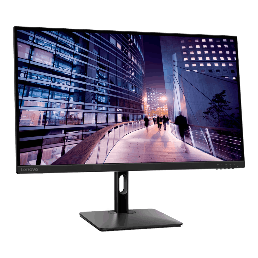 Un monitor de ordenador negro muestra una escena de la ciudad. El monitor está sobre una base negra.