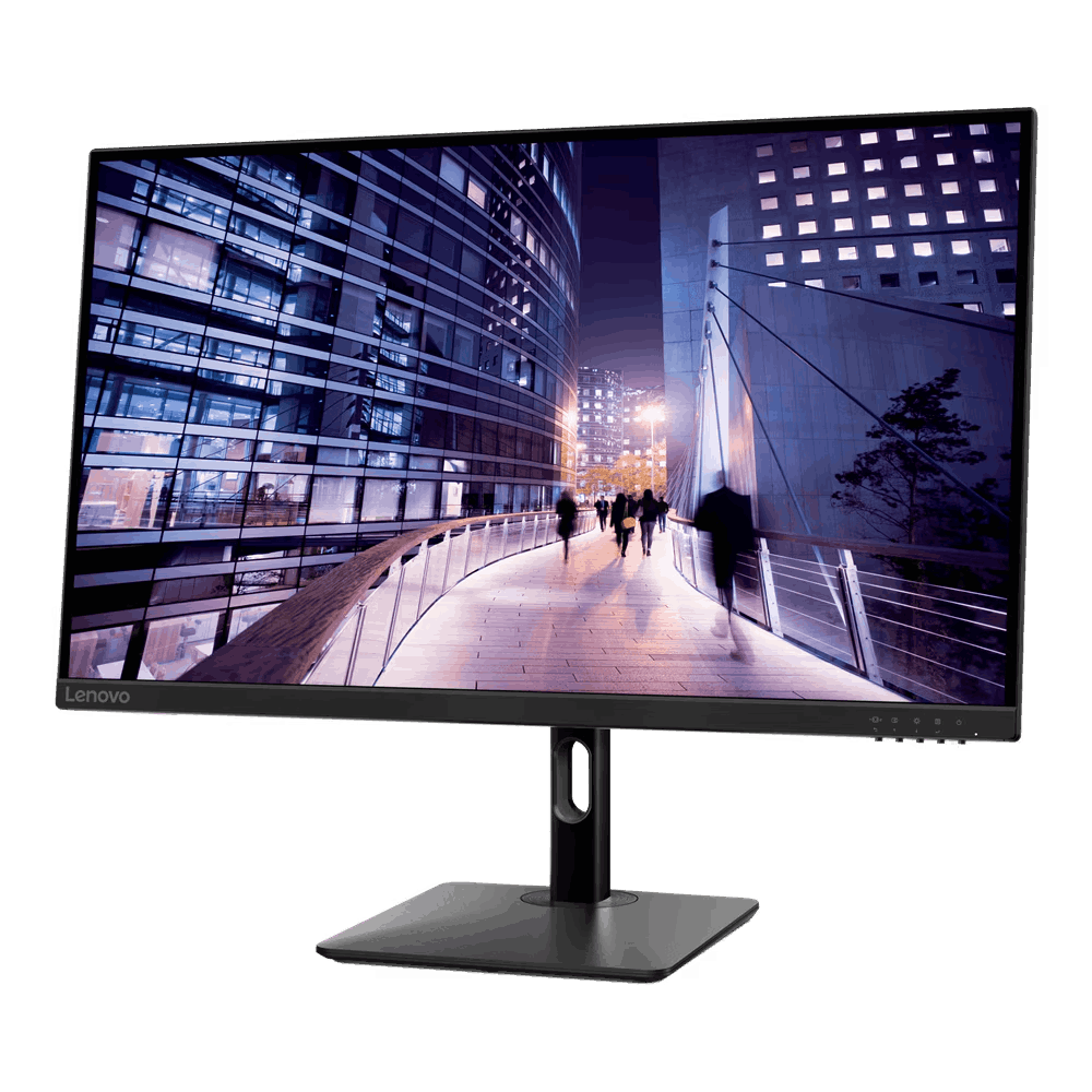 Un monitor Lenovo que muestra una escena de la ciudad de noche, sobre un soporte negro.